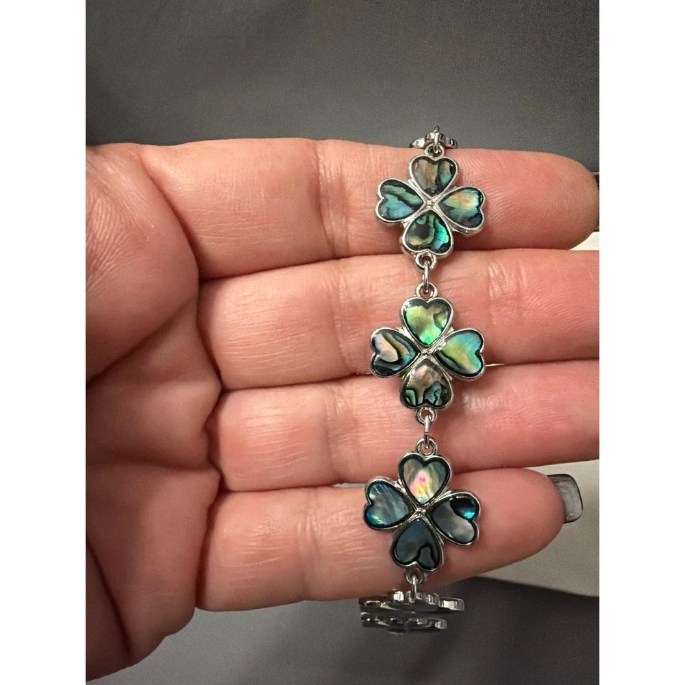 Vintage Mexico Style Silver Tone Abalone Shell Inlay Clover Link Bracelet